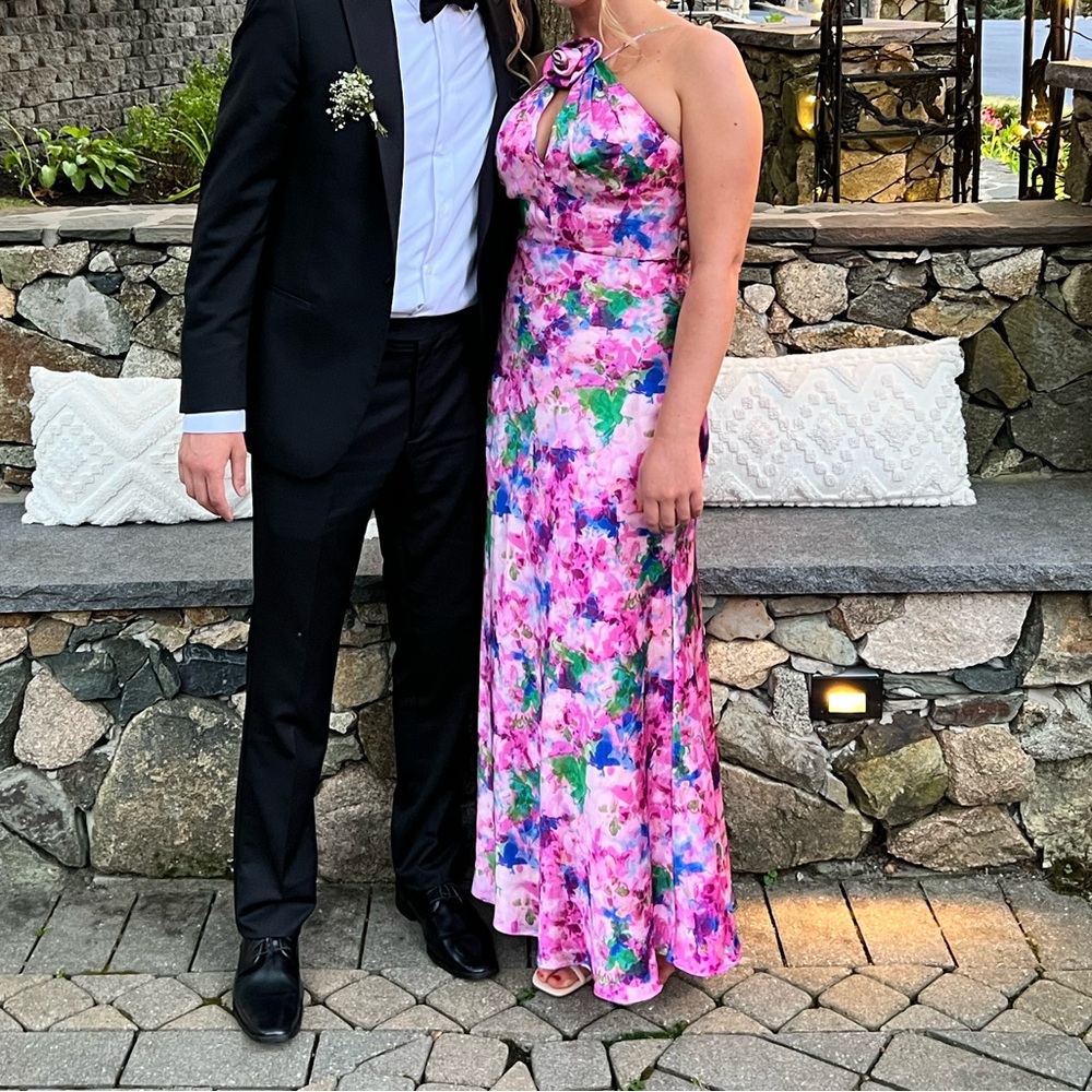 Monique Lhuillier Violette Pink Floral Halter Satin Maxi Dress - Picture 2 of 4